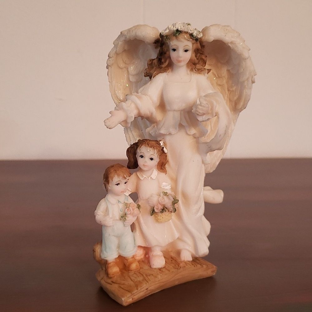 Vintage Glittery Resin Guardian Angel with Children Boy and Girl